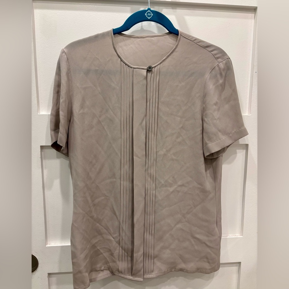 Escada Taupe Short Sleeve 100% Silk Blouse with Front Pleats